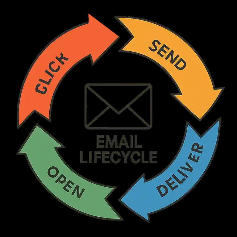 Diagram showing the lifecycle of an email from inbox to deletion.