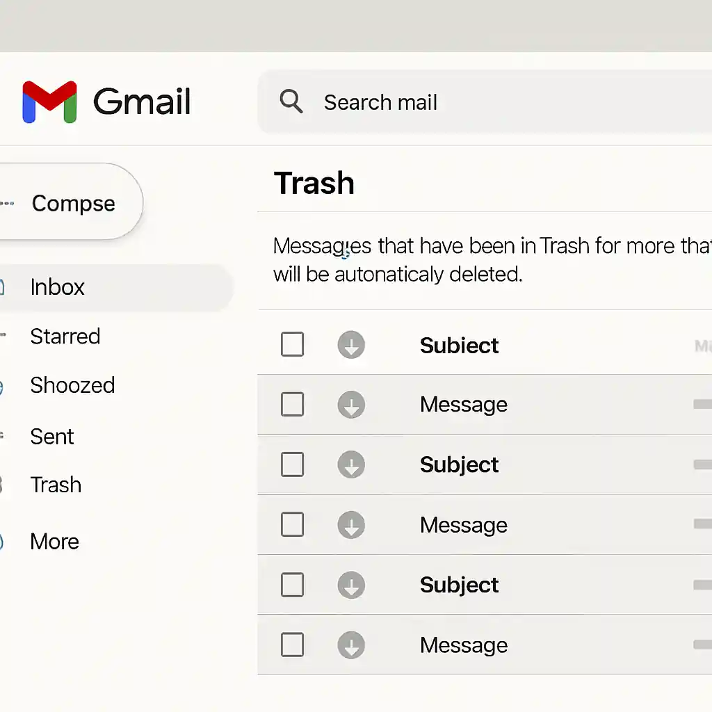 Gmail Interface Showing Trash Folder
