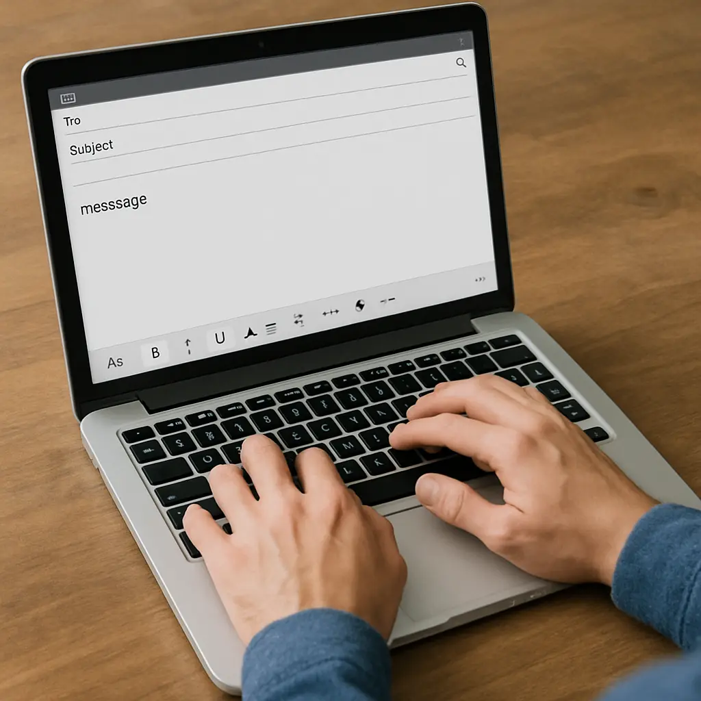 A person typing on a laptop, composing an email to accept a job offer.