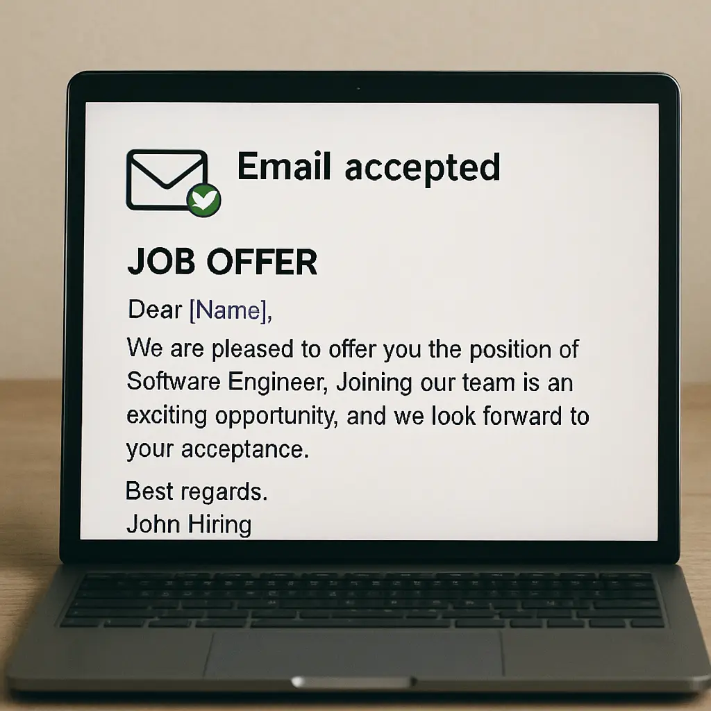 Email acceptance concept with job offer details on screen