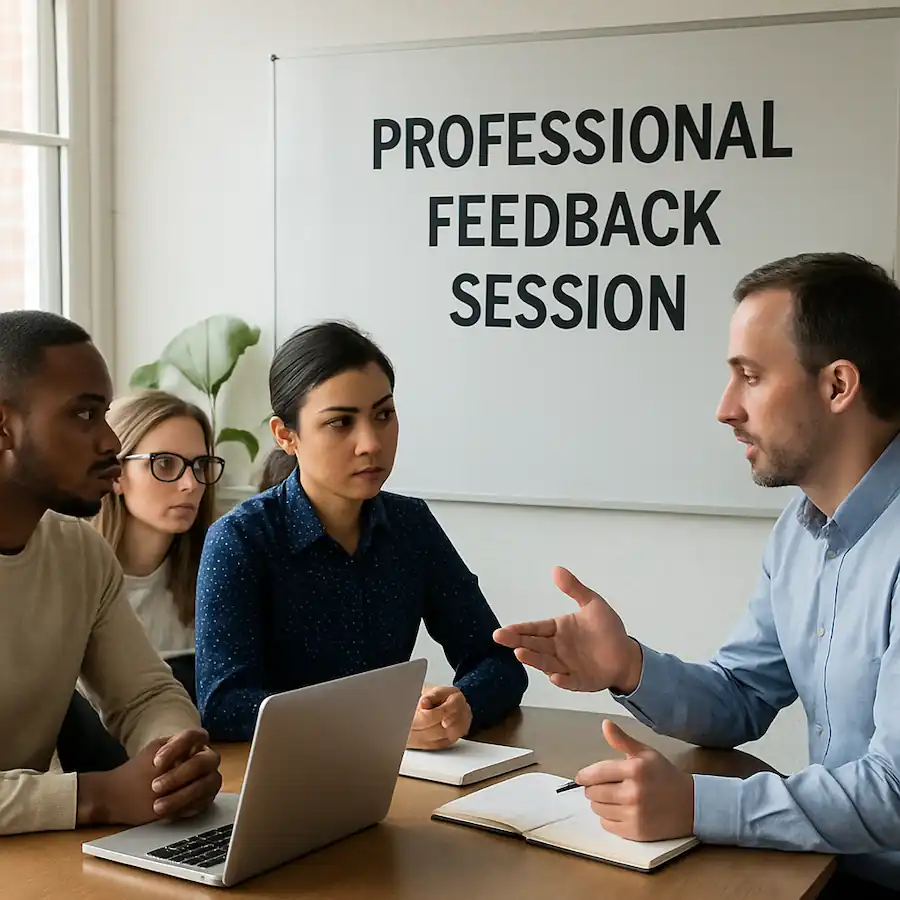 A professional feedback session with two people reviewing documents